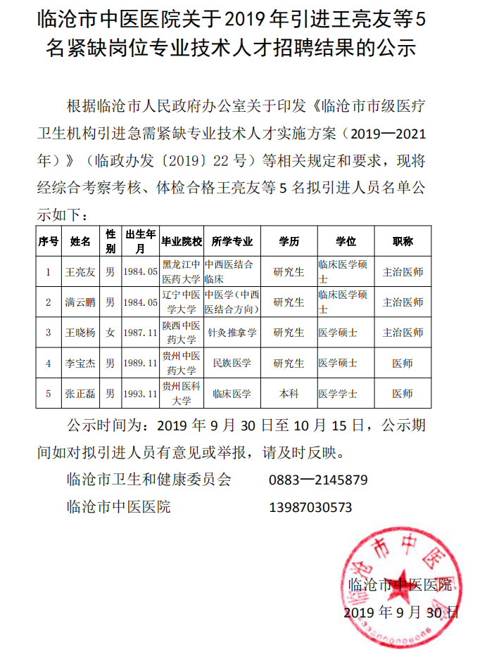 臨滄市中醫醫院關于2019年引進王亮友等5名緊缺崗位專業技術